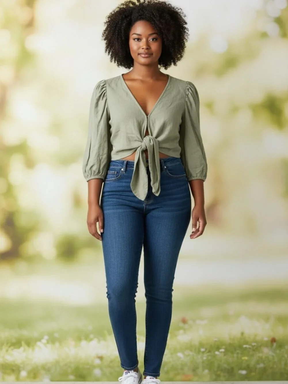 Abercrombie & Fitch women blouse sage green cropped tie-front size S